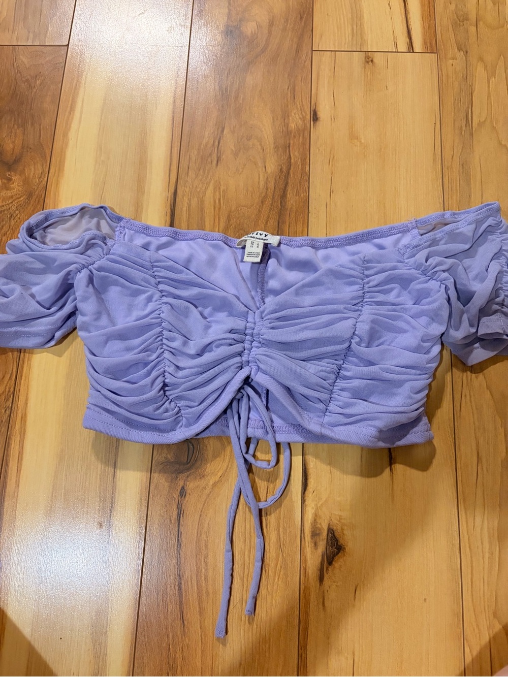 privy Lavender Ruched Off-Shoulder Crop Top